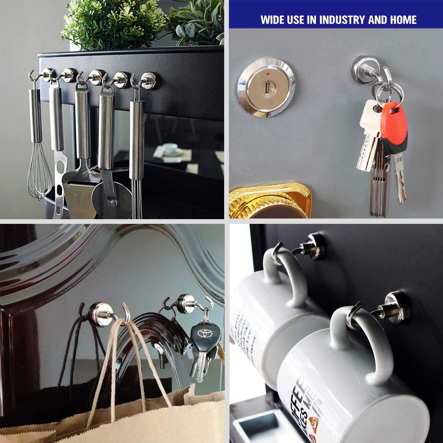 MIKEDE magnet hooks reflect a shiny, rust-free surface in kitchen.