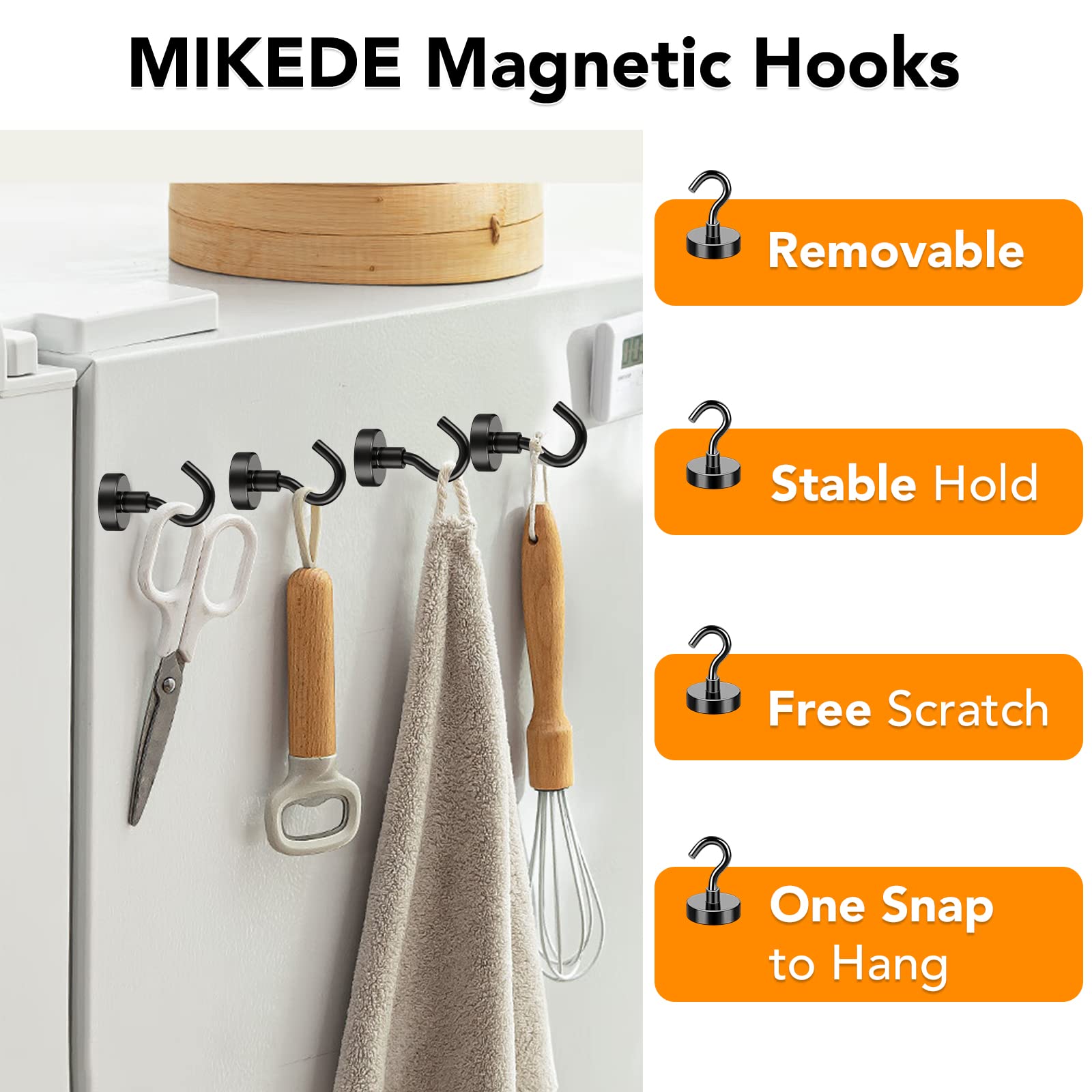 MIKEDE magnetic hook with triple nickel coating for rust resistance on metal surfaces.