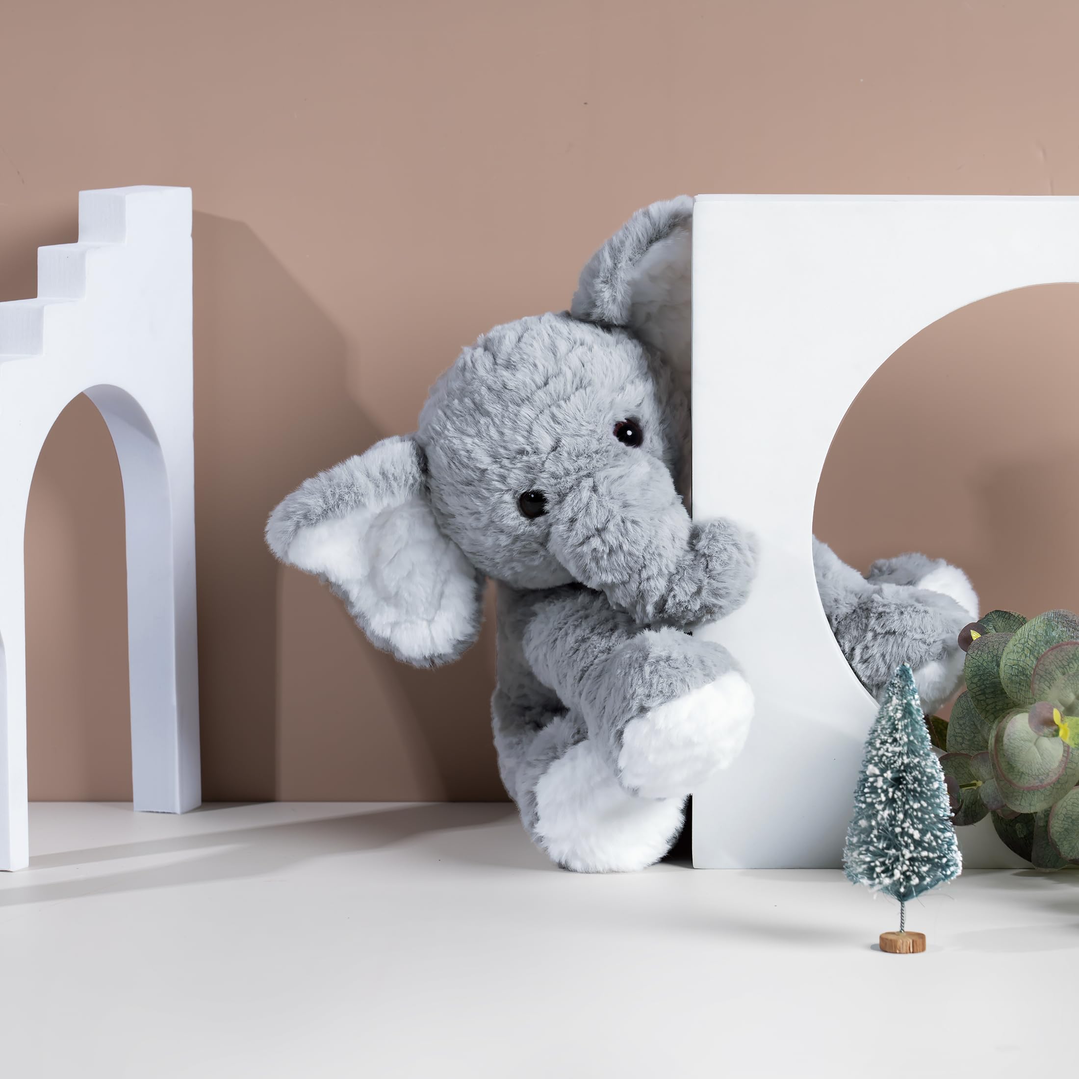 Mikee Fluffie Elephant plush in grey, machine washable for easy care.