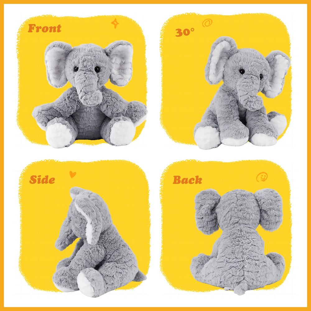 Mikee Fluffie Elephant features safe plastic pellet eyes for worry-free play.