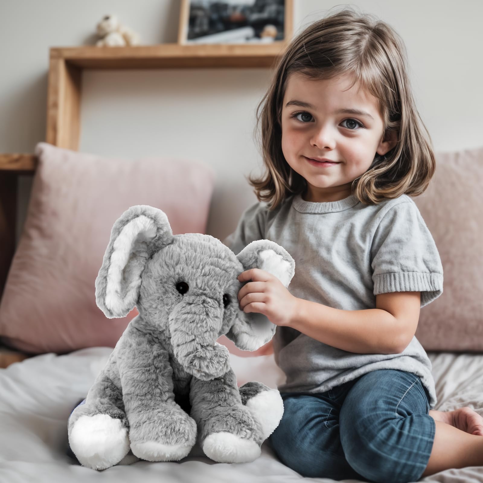 Mikee Fluffie Elephant soft texture supports safe toddler play.