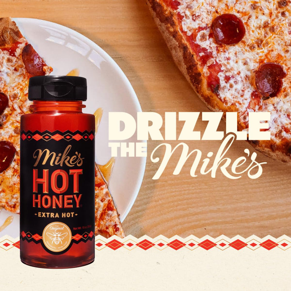 Mike's Hot Honey Extra Hot bottle with flip-top cap for easy drizzle.