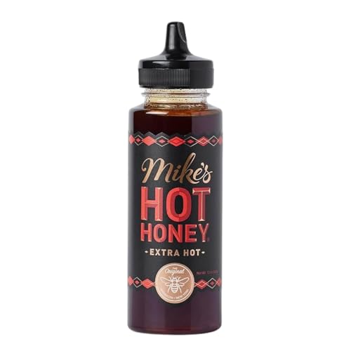 Mike's Hot Honey Extra Hot drizzle close-up highlights bold flavor potential.