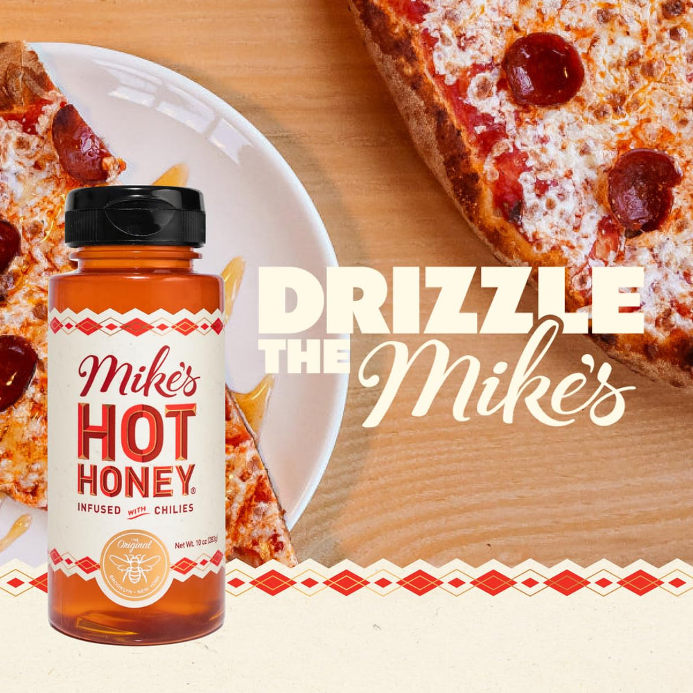 Close-up of Mike's Hot Honey label showing natural ingredients and kosher certification.