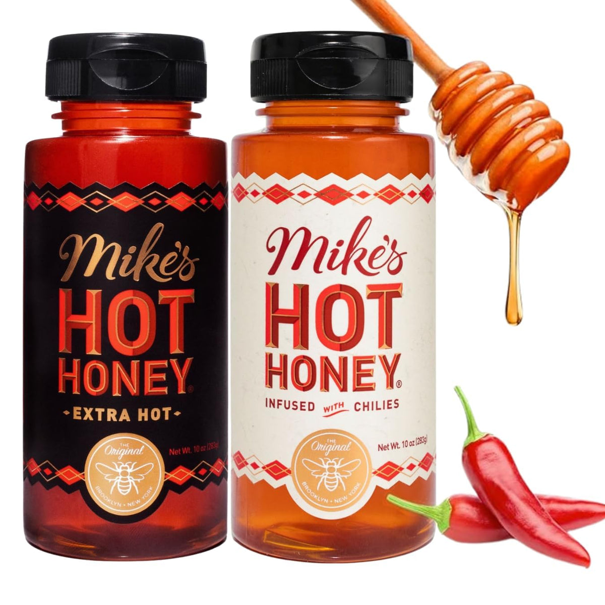 Mike's Hot Honey Original bottle pours on pizza for sweet heat