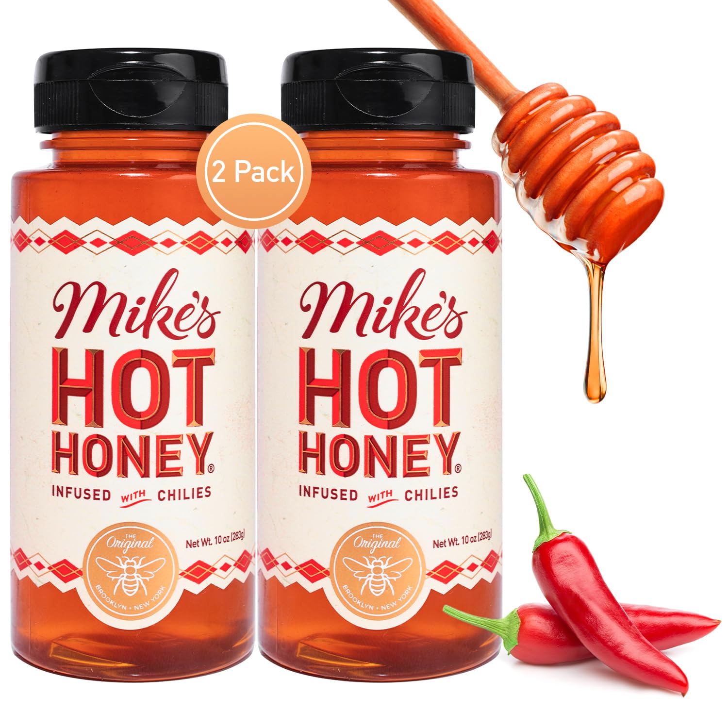 Mike's Hot Honey Original bottle ready for versatile drizzle on foods.