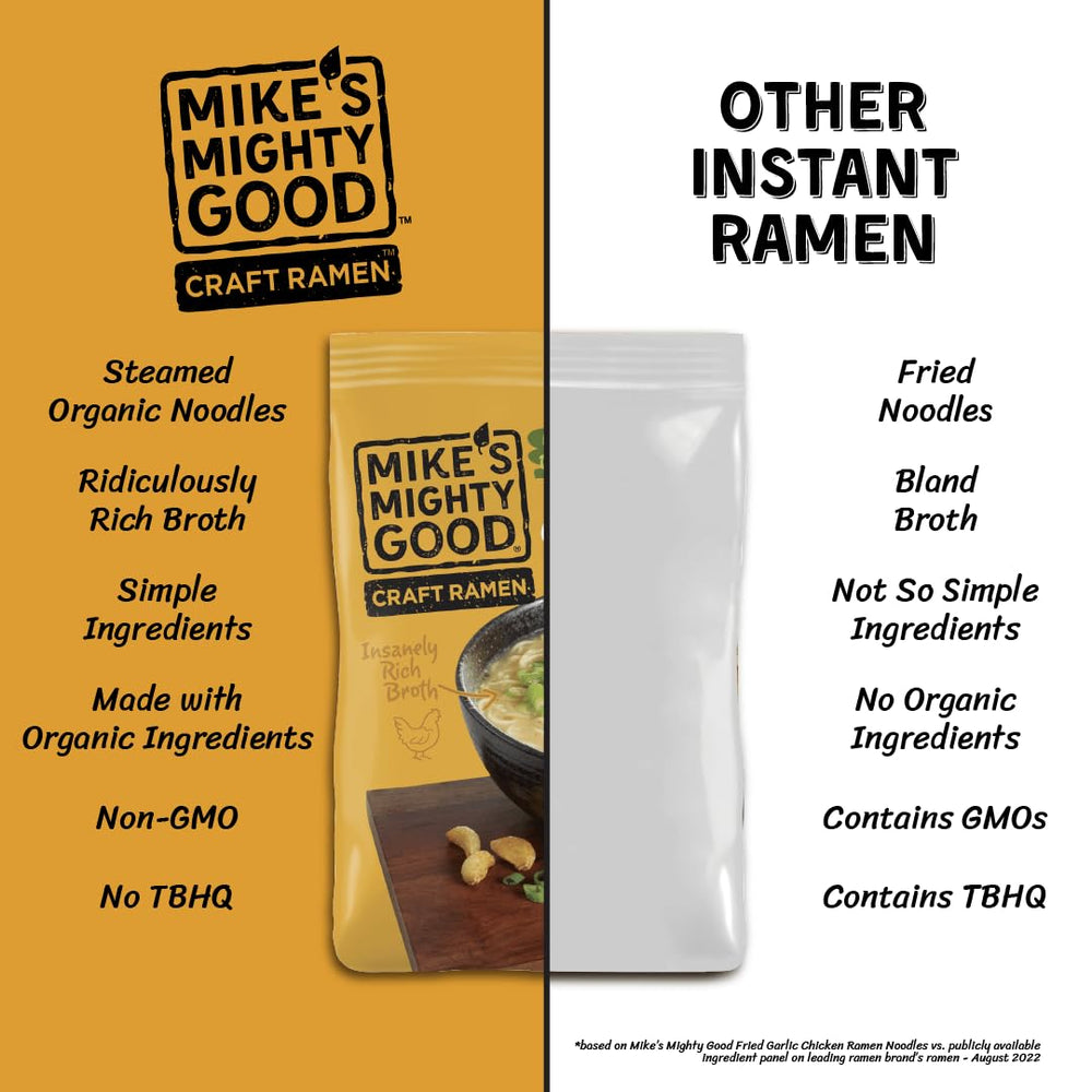 Mike's Mighty Good rich broth swirling with noodles and aromatics