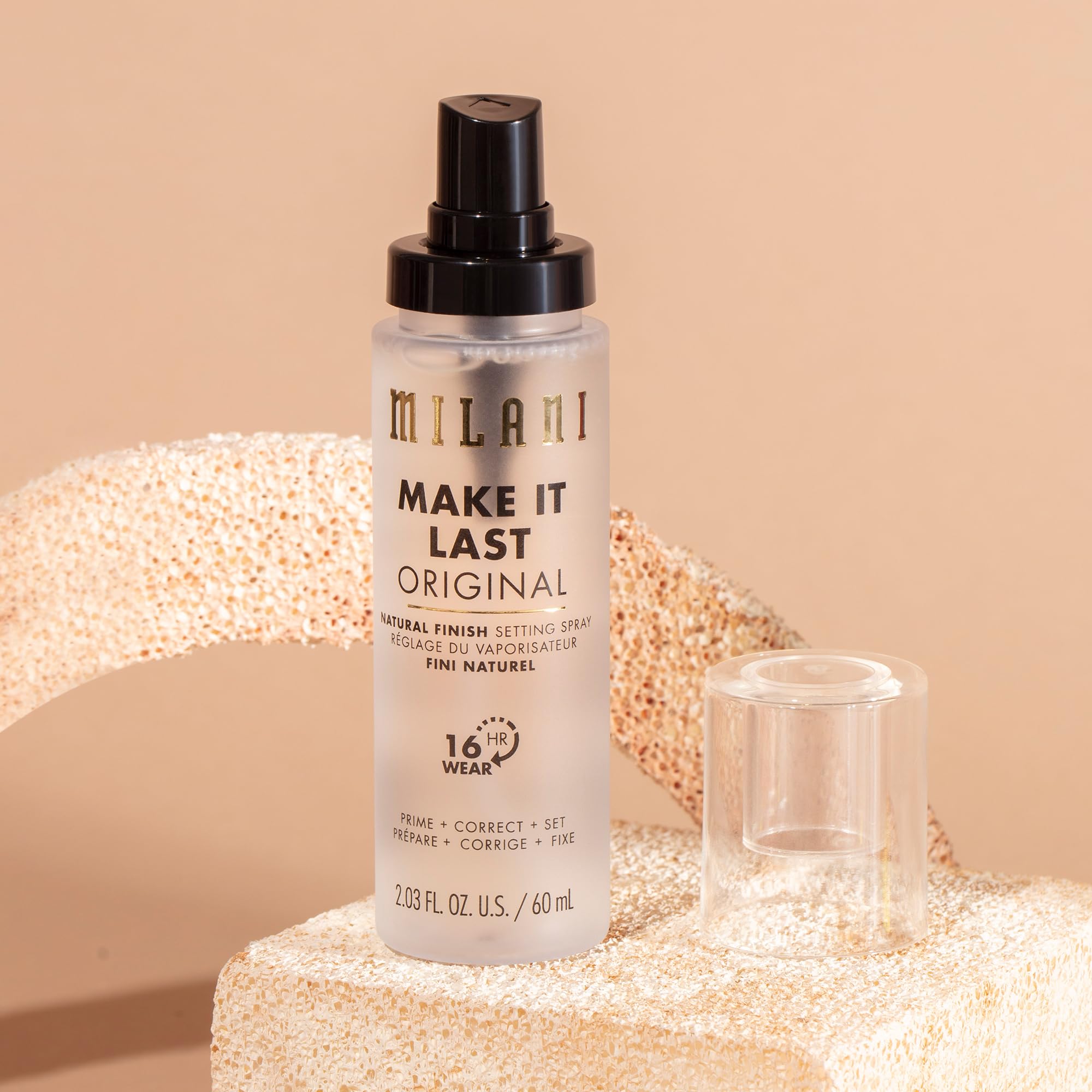 Milani Make It Last bottle back view highlighting ingredients and usage.