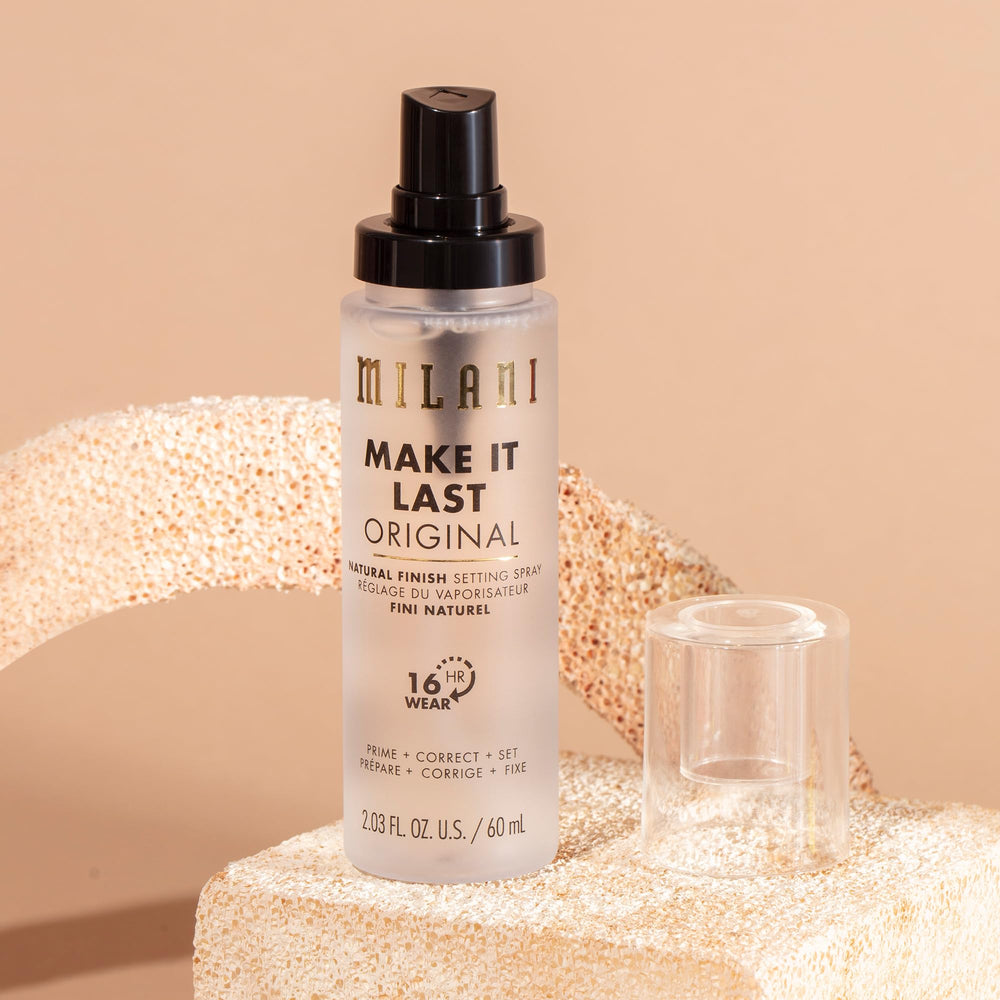 Milani Make It Last bottle back view highlighting ingredients and usage.