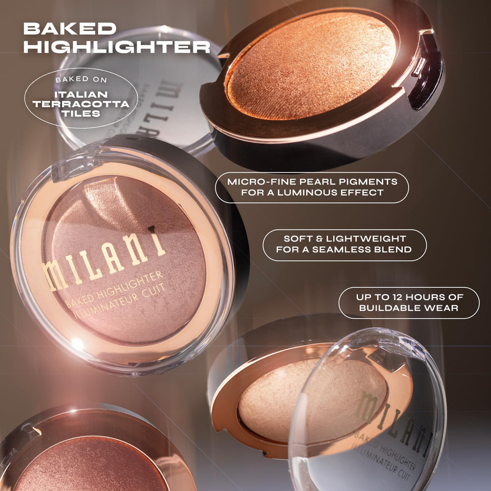 Milani Baked Highlighter emphasizes Cupid's bow for lit-from-within radiance.