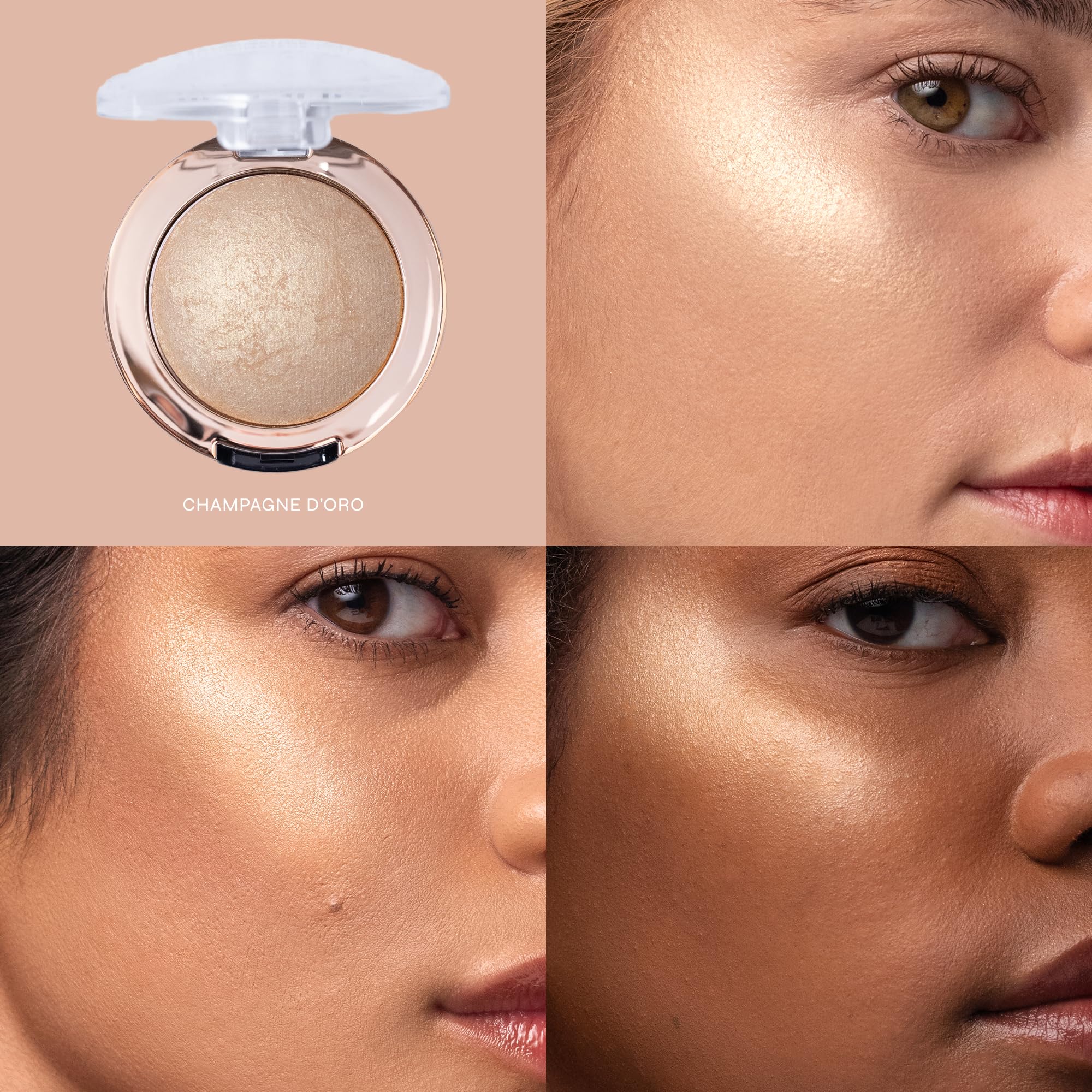 Milani Baked Highlighter swatch shows velvety-soft texture and easy blending.