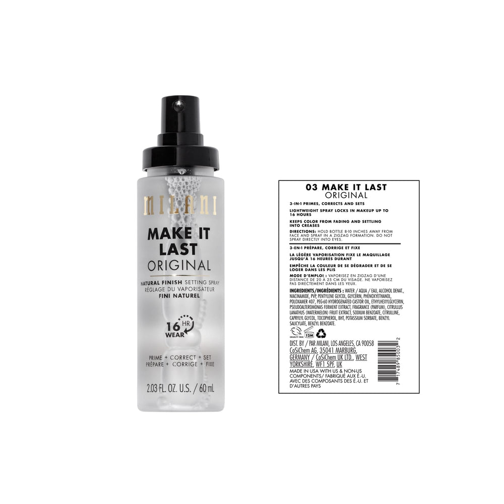 Milani Make It Last bottle in hand illustrating natural finish on skin.