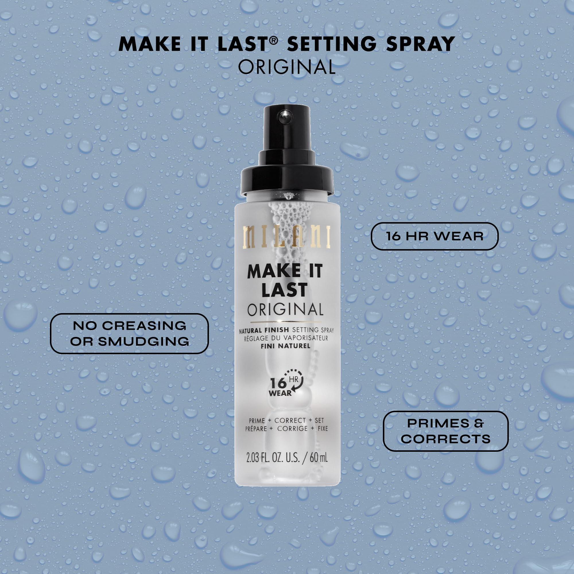 Milani Make It Last application zigzag spray demonstrating long-wear potential.