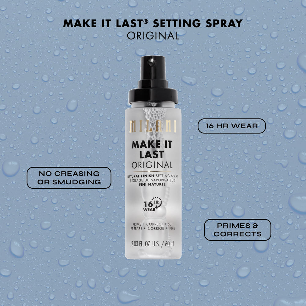 Milani Make It Last application zigzag spray demonstrating long-wear potential.