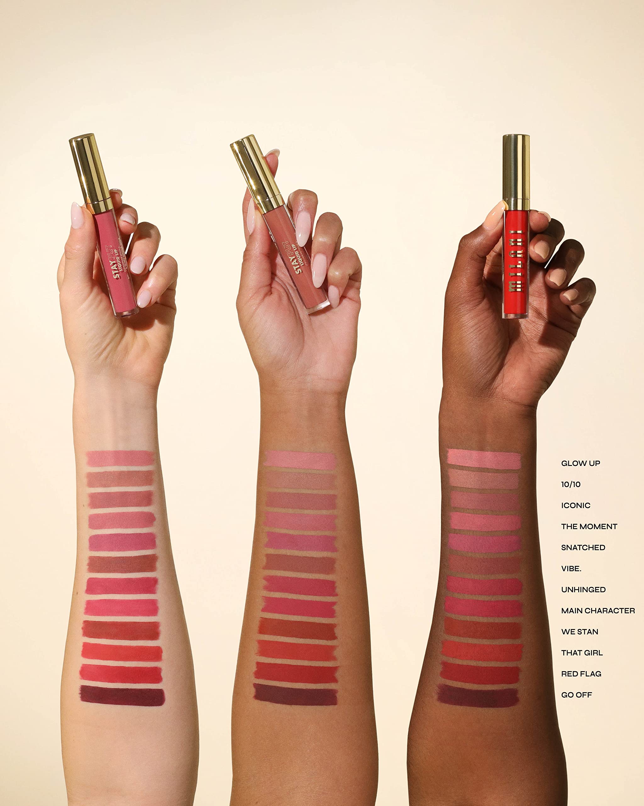 Milani Stay Put Lipstick swatch highlights transfer-proof color.