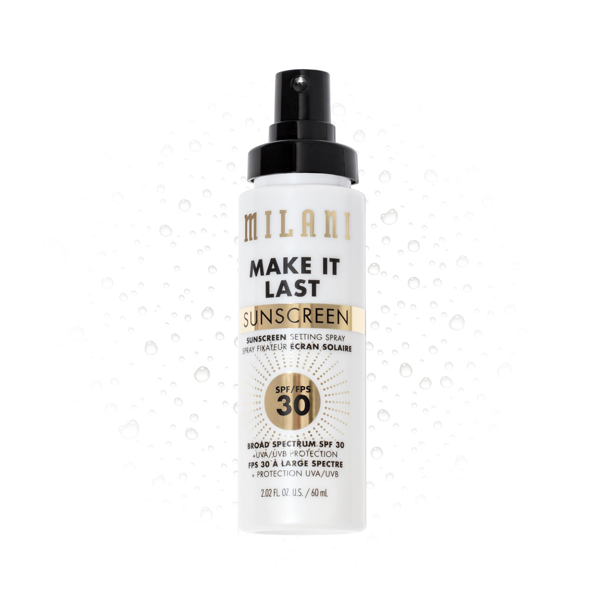 Milani Sunscreen Setting Spray bottle close-up for daily SPF protection