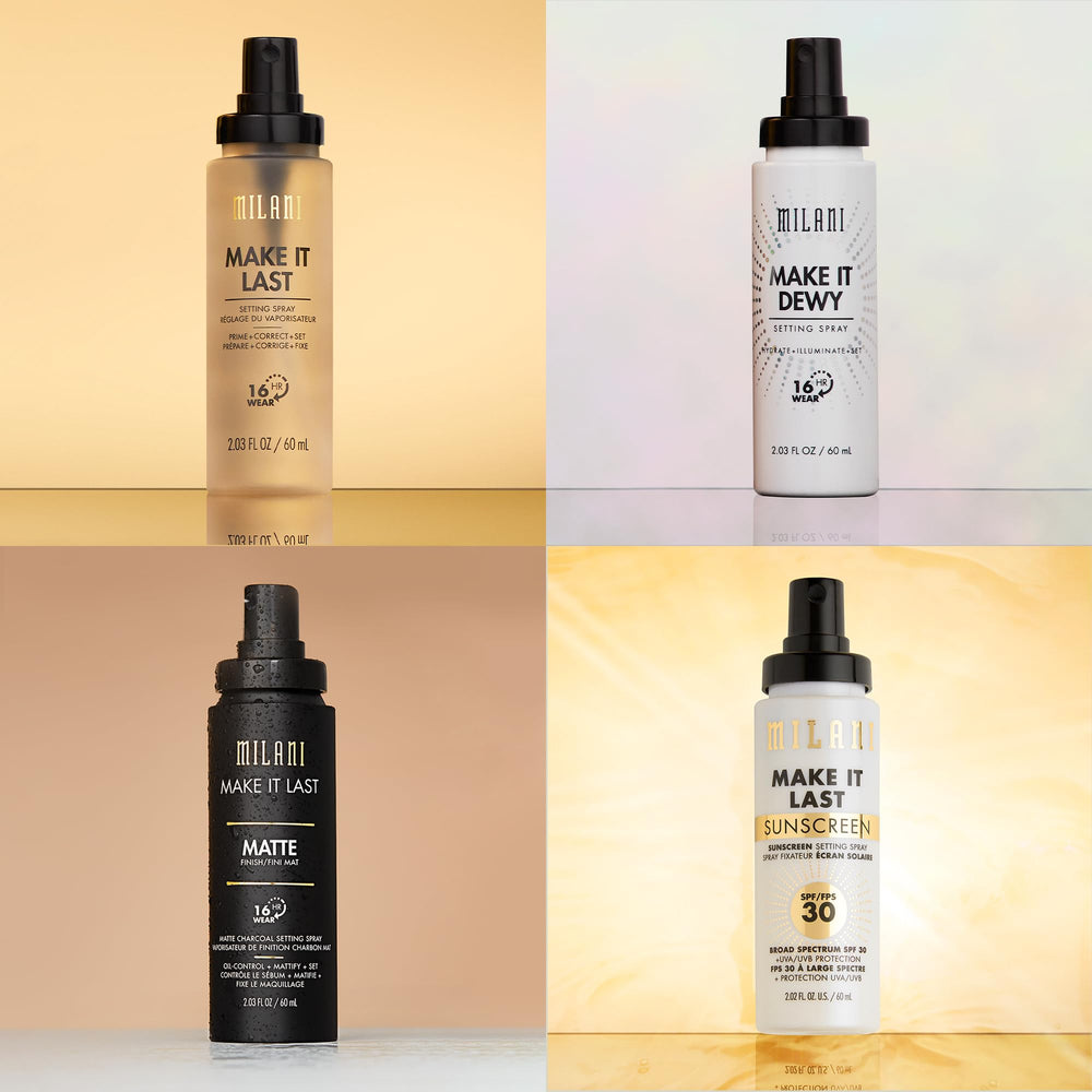 Milani setting spray delivers a dewy, hydrated finish on skin
