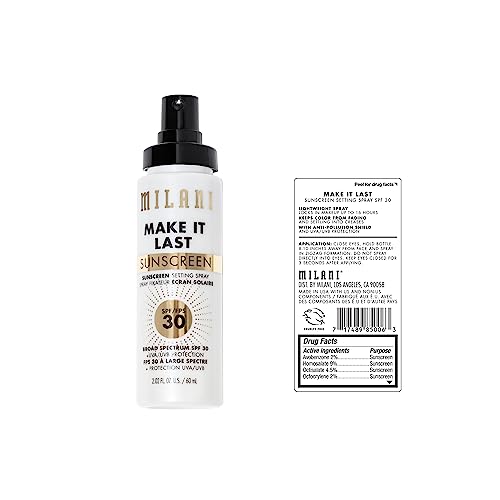 Milani setting spray mist on face demonstrating quick makeup refresh