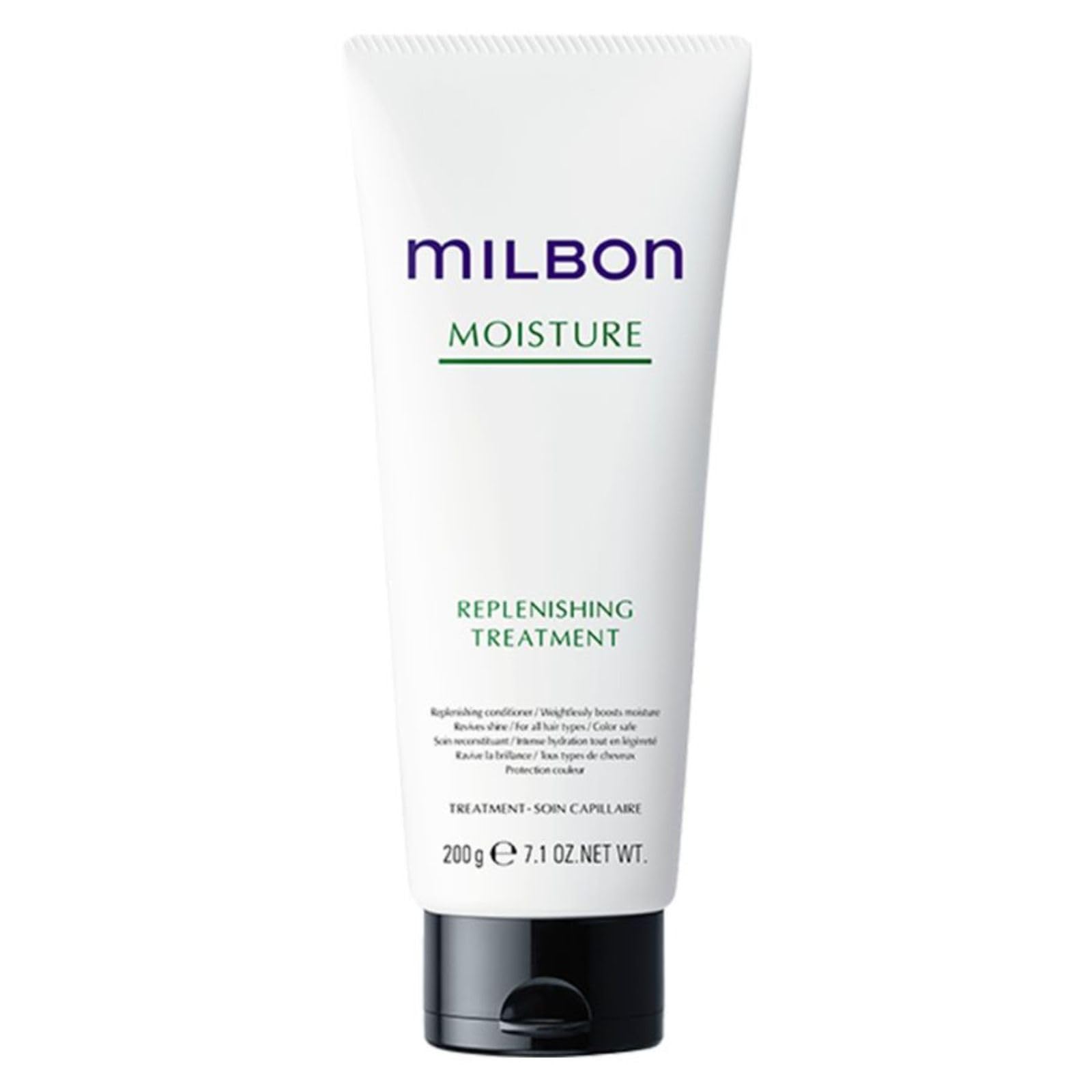 Milbon Moisture Replenishing Conditioner bottle front showing color-safe hydration for all hair types