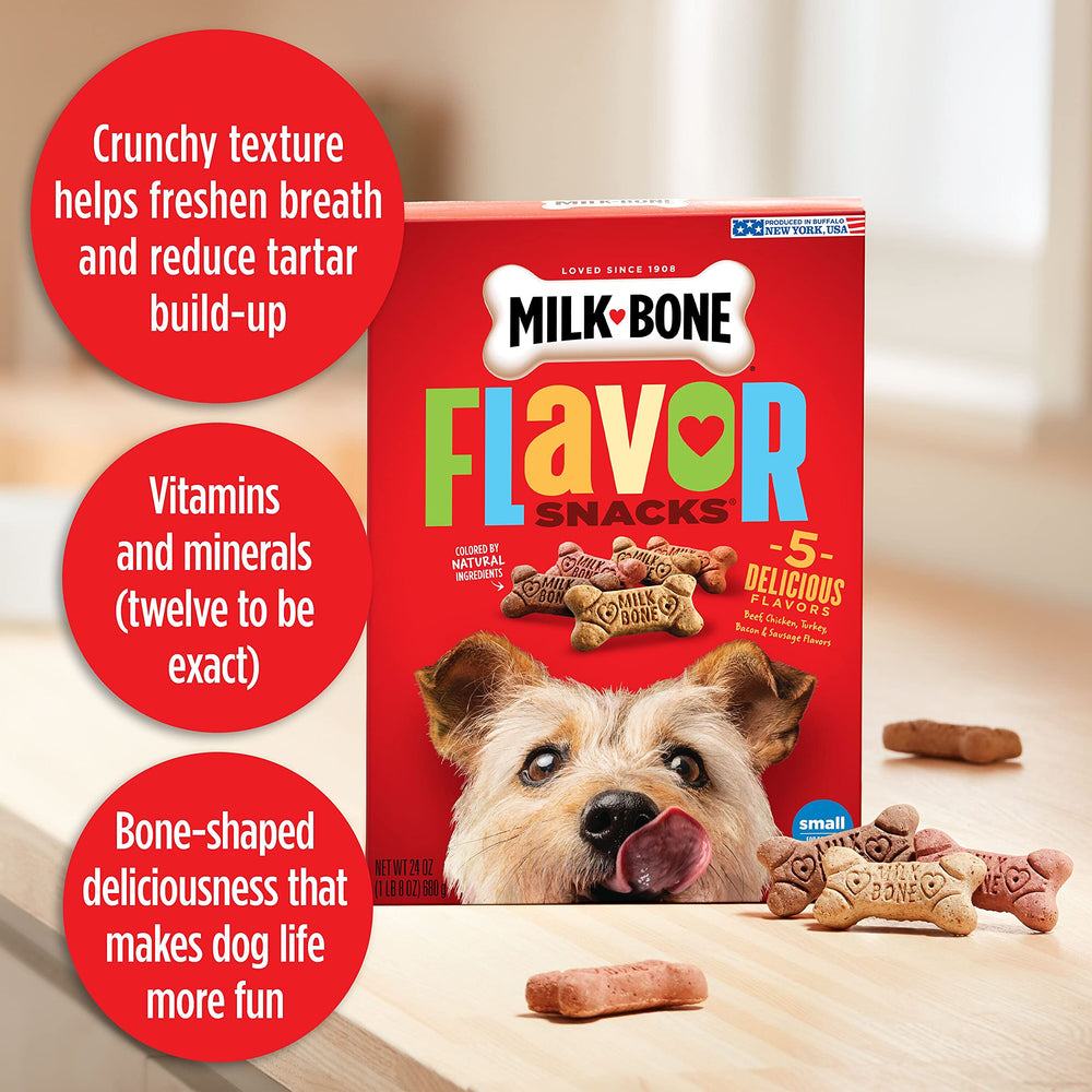 Milk-Bone Flavor Snacks sausage biscuits close-up, tasty variety for small dogs
