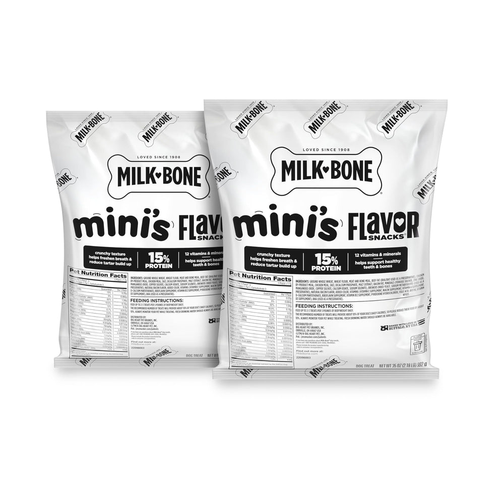 Milk-Bone Minis Flavor Snacks refill pouring into a canister reduces waste.