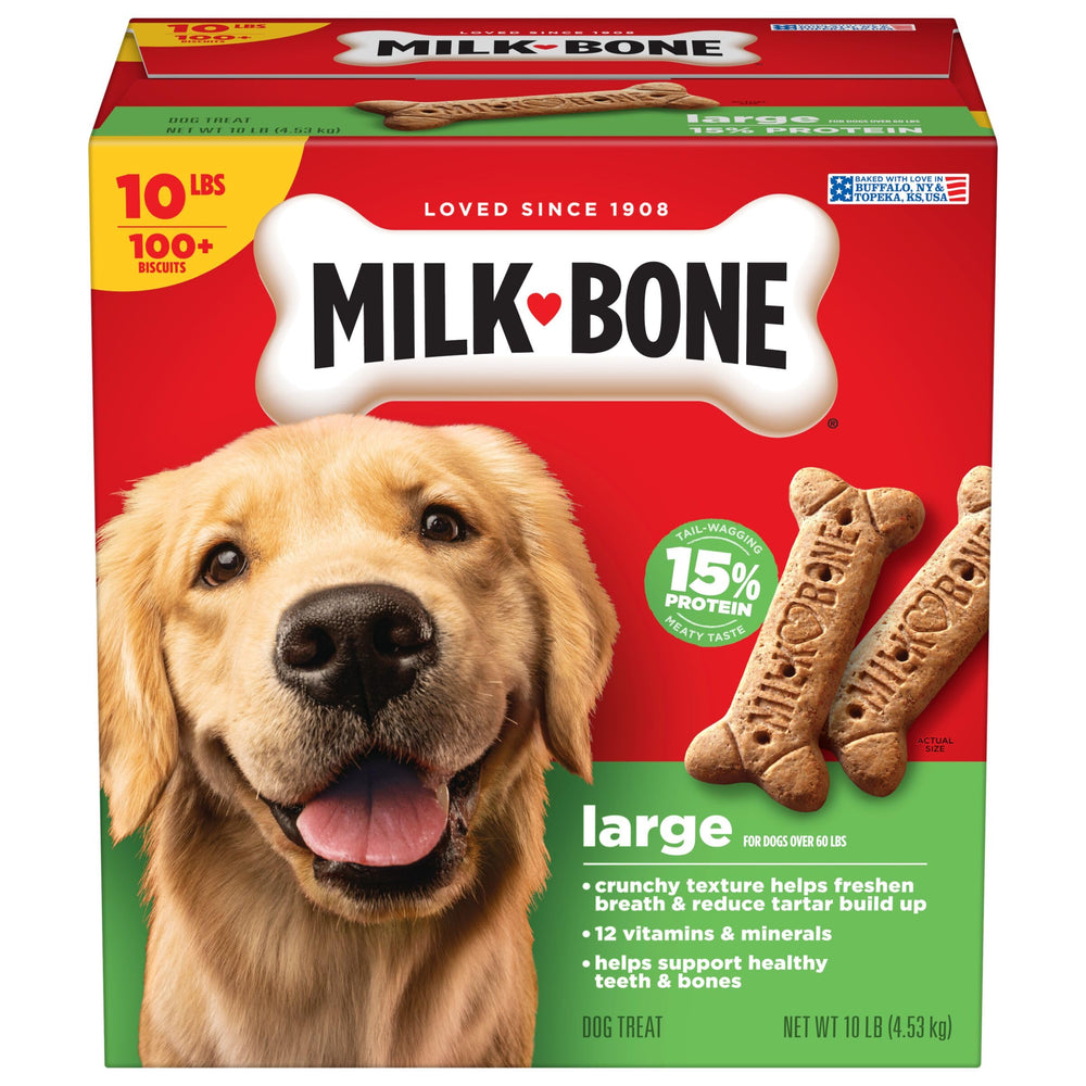 Milk-Bone Original large dog biscuits in a 10-lb box, perfect for daily treats.
