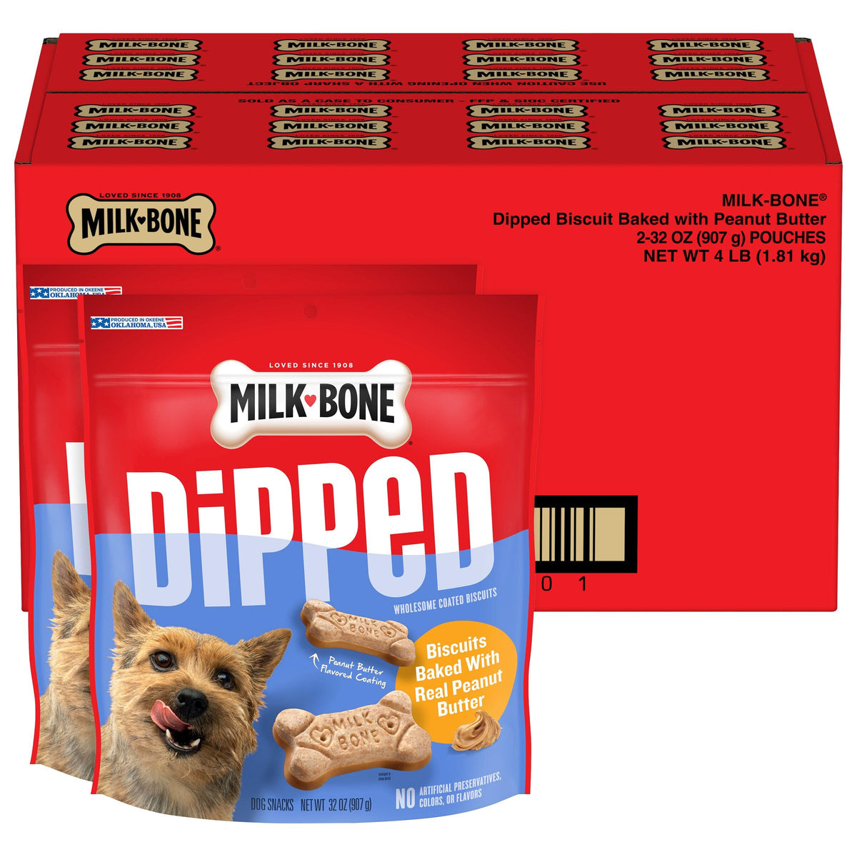 Milk-Bone Peanut Butter Dipped Biscuits two-pack, crunchy treats that help freshen breath.