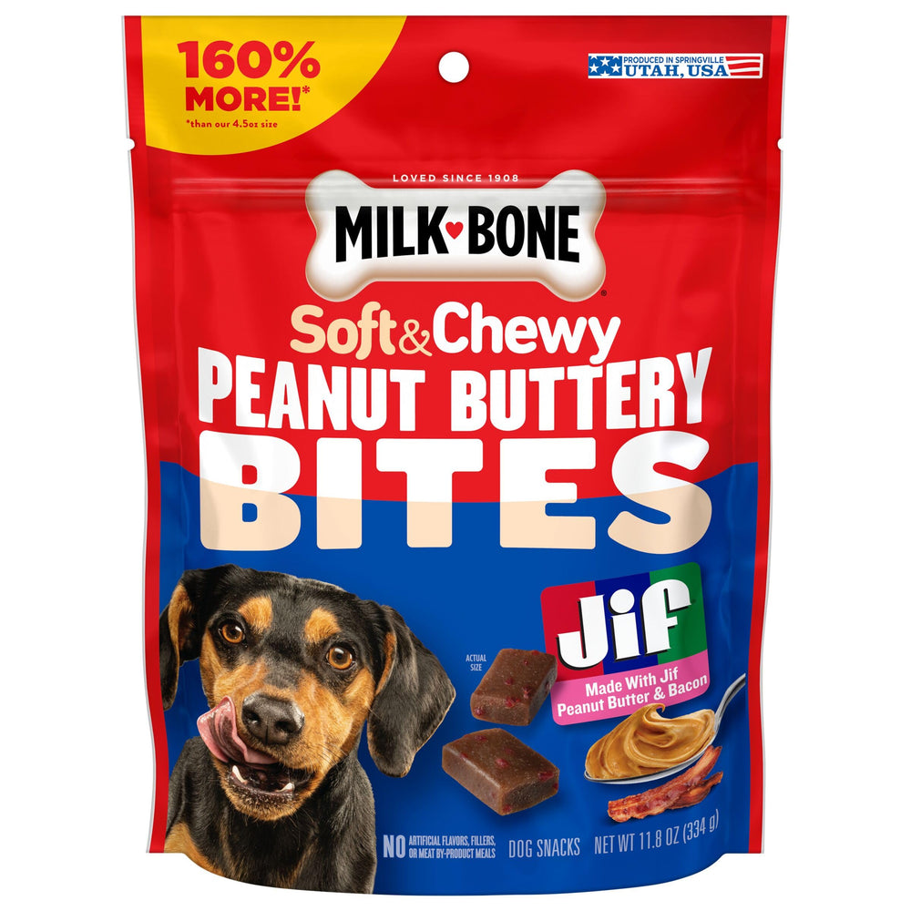 Milk-Bone Peanut Buttery Bites bag front showing bite-sized treats