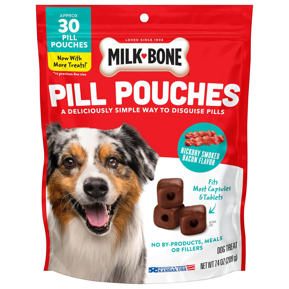 Milk-Bone Pill Pouches bag showing hickory smoked bacon flavor for easy pill disguise.