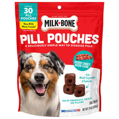 Milk-Bone Pill Pouches bag showing hickory smoked bacon flavor for easy pill disguise.