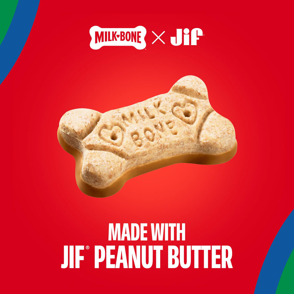 Milk-Bone with real JIF peanut butter, premium flavor dogs enjoy during playtime.