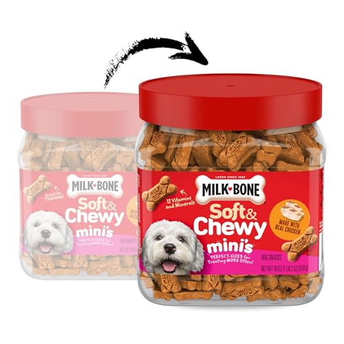 Milk-Bone Soft & Chewy Minis tender-texture closeup highlights easy chewing benefits