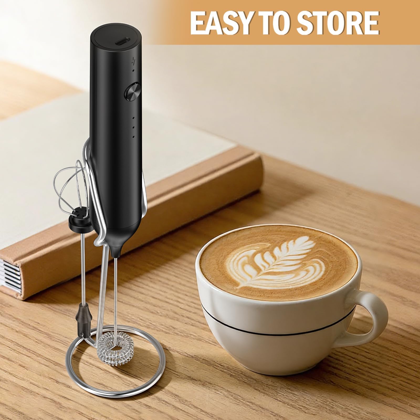 Built-in stand keeps the frother upright, reducing mess after every use.