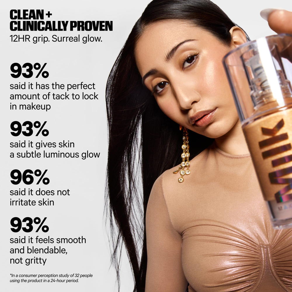 Milk Makeup Hydro Grip Glow Primer swirl on skin shows hydrating even base for makeup