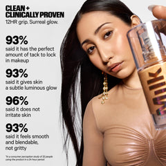 Milk Makeup Hydro Grip Glow Primer swirl on skin shows hydrating even base for makeup