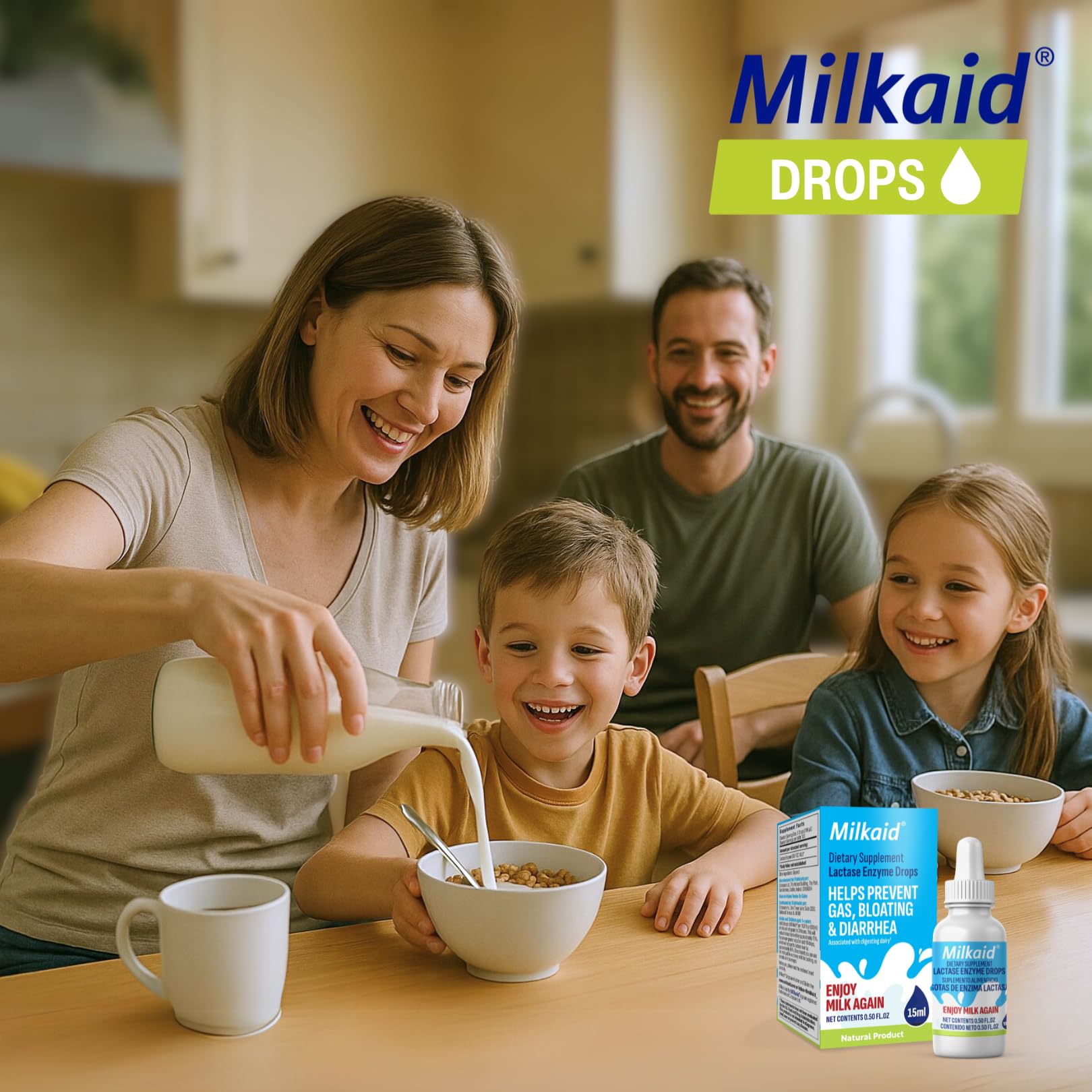 Milkaid drops used in beverages to enjoy lactose-friendly milk