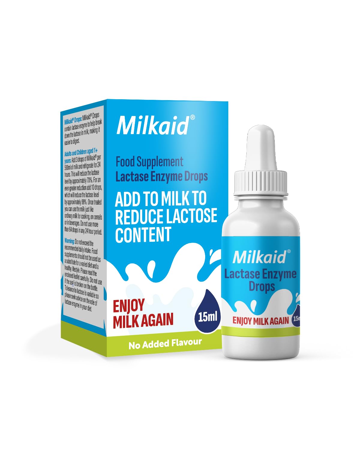 Milkaid lactase drops bottle shown for lactose digestion support