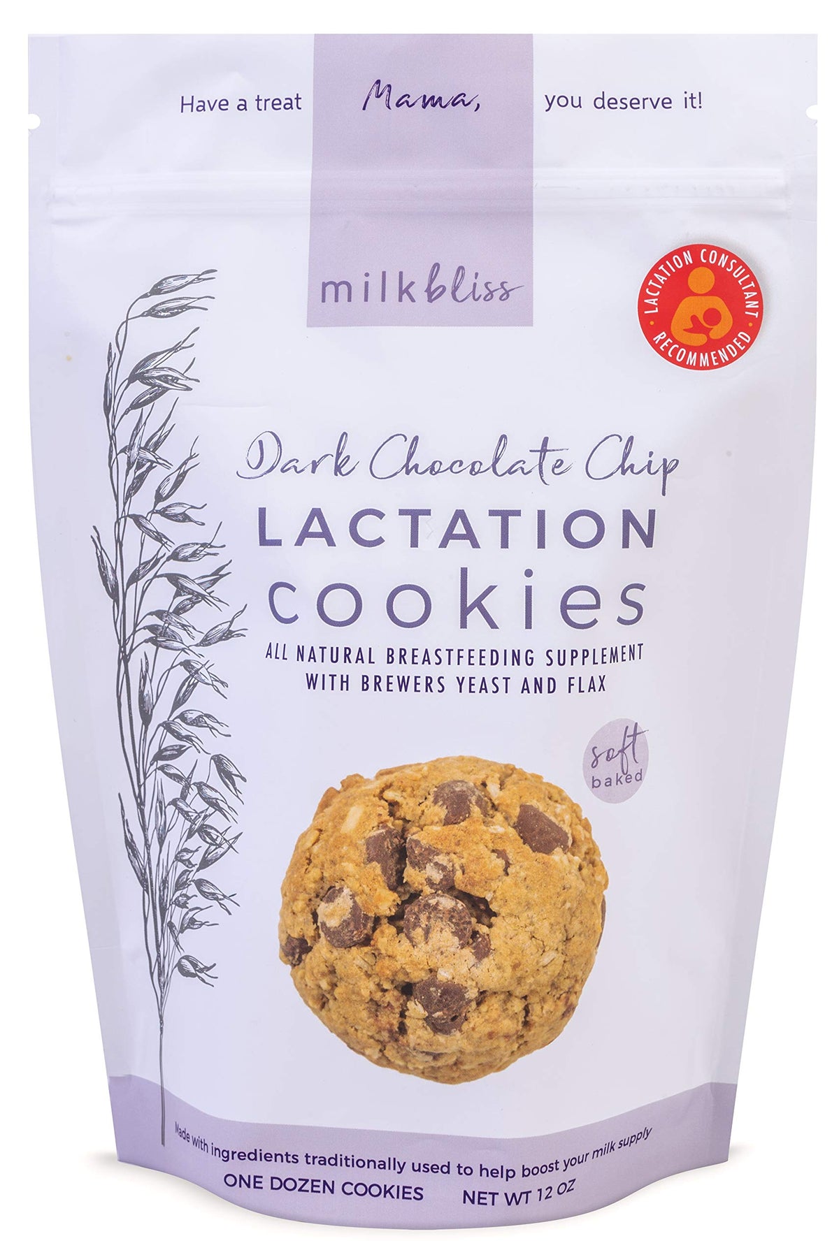MilkBliss dark chocolate chip oatmeal lactation cookies close-up, a lactation-friendly snack