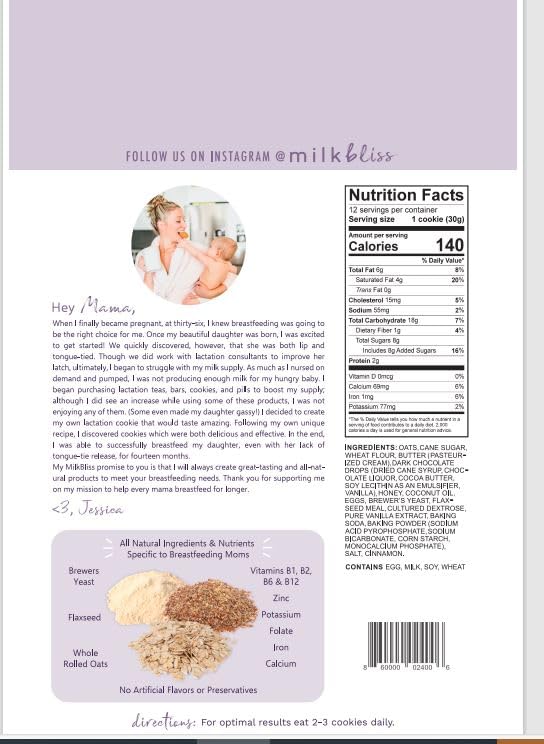 MilkBliss packaged lactation cookies 12oz for convenient daily fueling