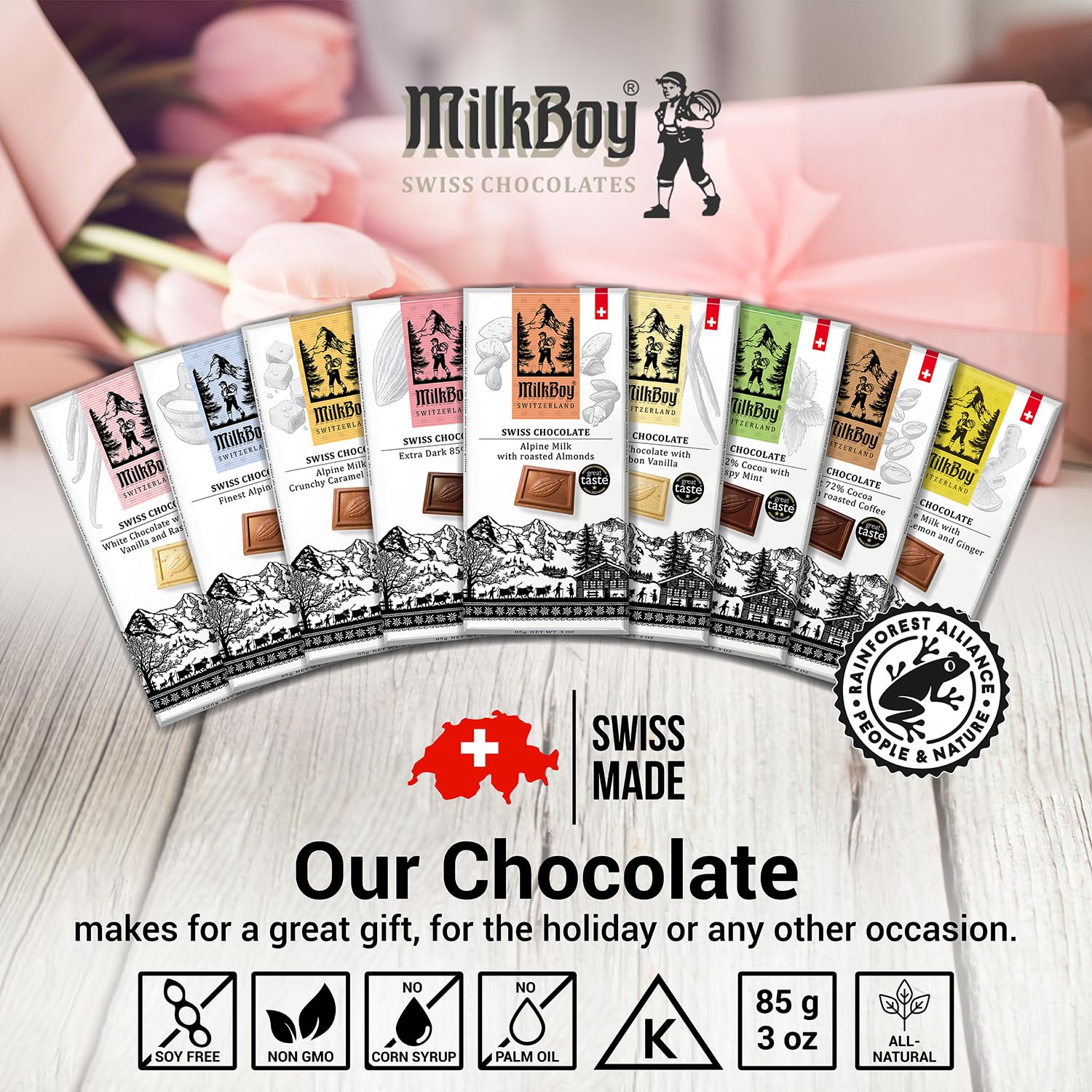 Milkboy store display showcases premium Swiss chocolates and gifts.