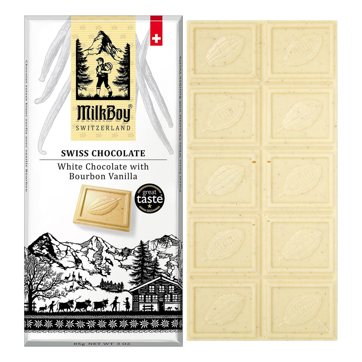 MilkBoy Swiss Chocolates white chocolate bar with bourbon vanilla in a gift-ready pack.