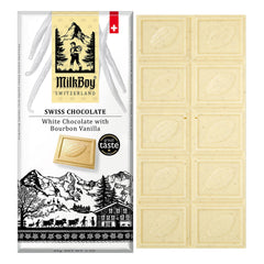 MilkBoy Swiss Chocolates white chocolate bar with bourbon vanilla in a gift-ready pack.