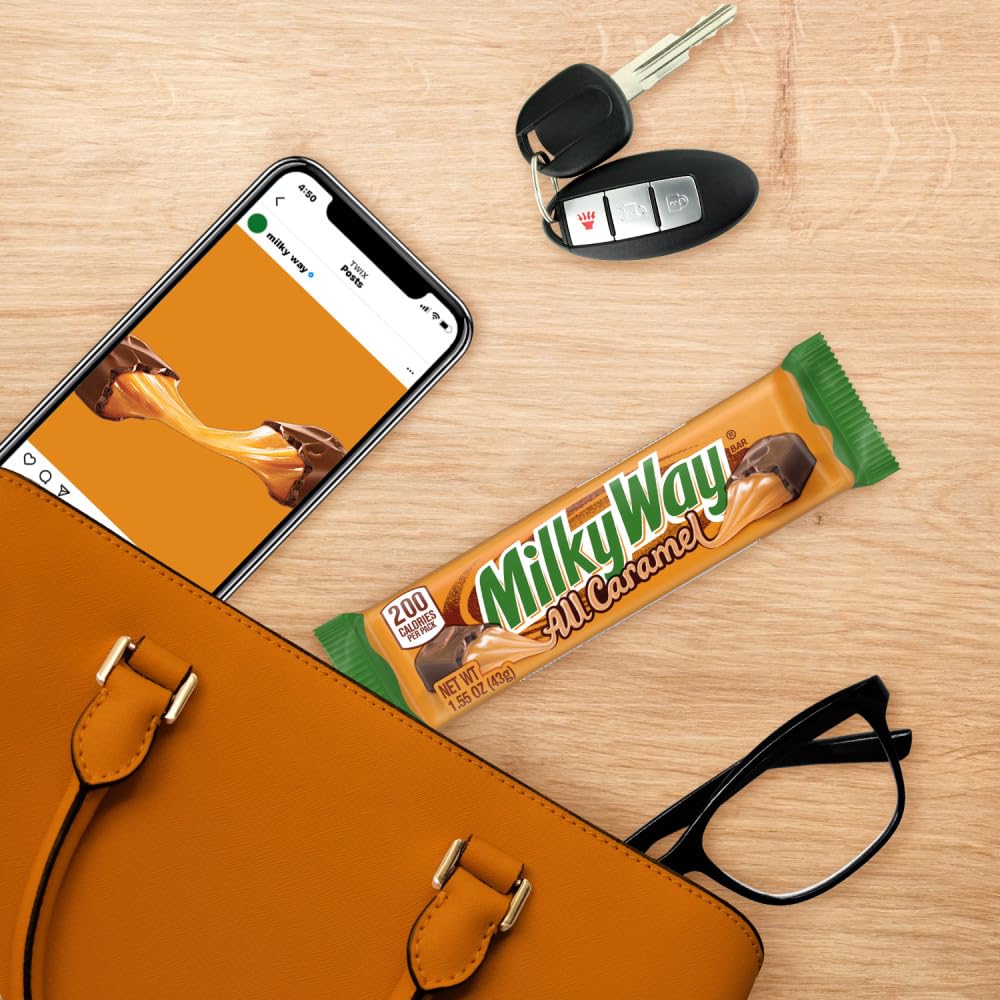 Milky Way All Caramel packaging emphasizes bulk value for gatherings.