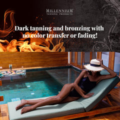 Person applying Millennium Insanely Black 60x for even coverage during tanning.