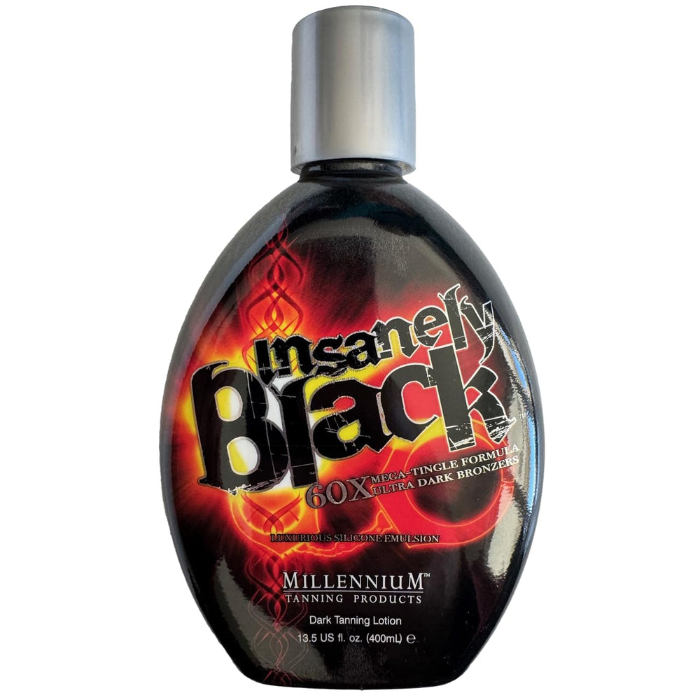 Millennium Tanning Insanely Black 60x bottle front shows ultra-dark bronzing potential.