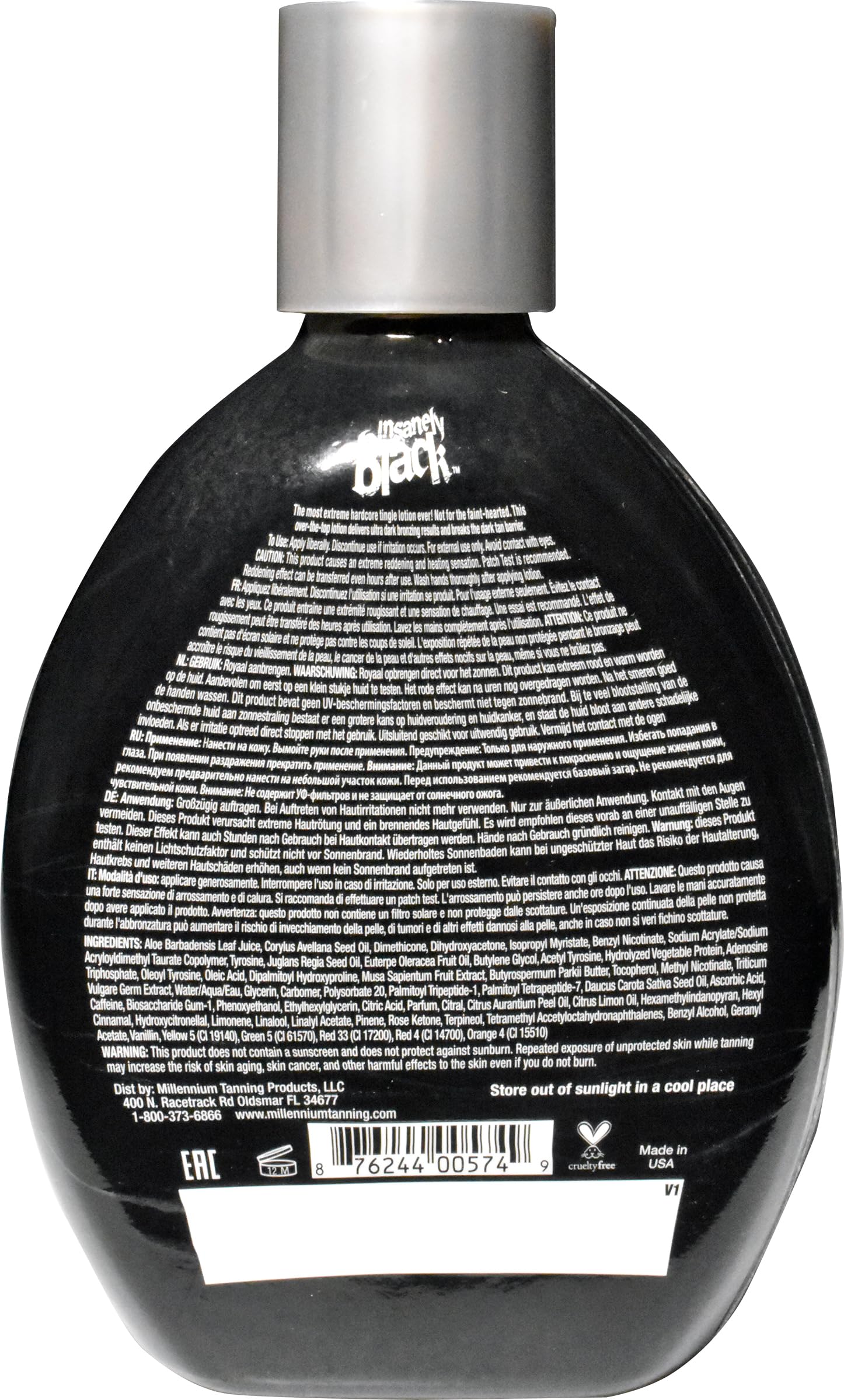 Outdoor tanning scene highlighting Millennium Insanely Black 60x for natural glow.