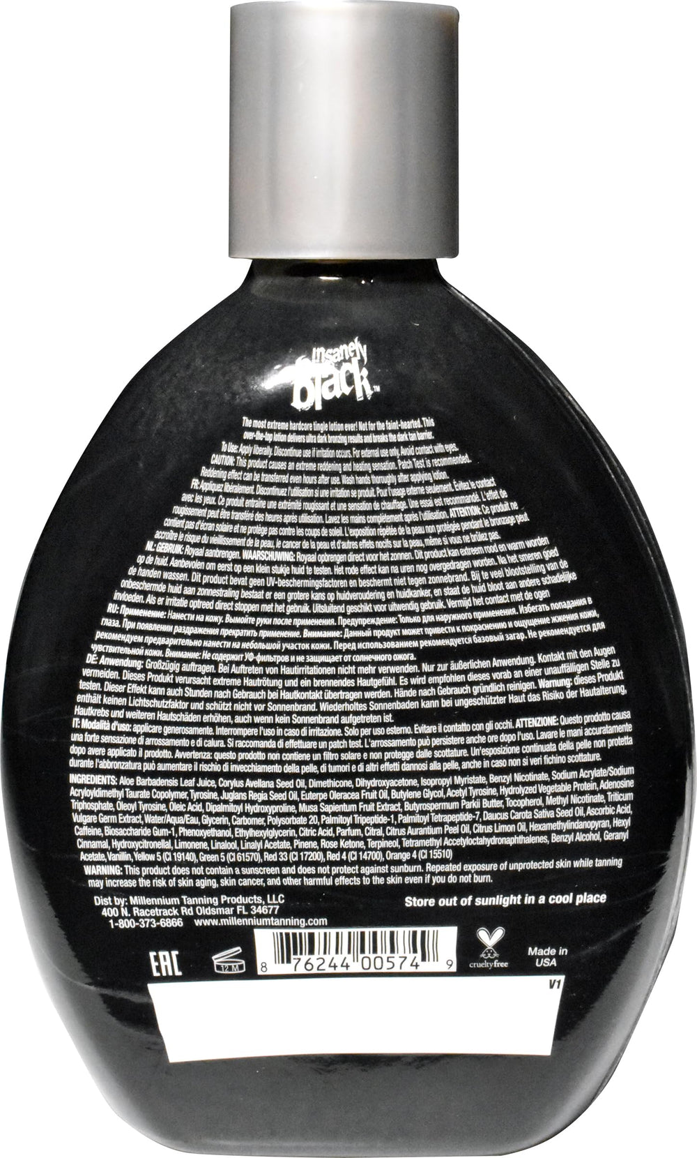 Outdoor tanning scene highlighting Millennium Insanely Black 60x for natural glow.