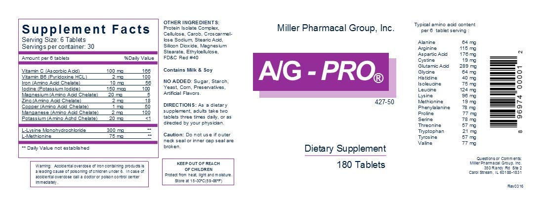 Miller Pharmacal A/G Pro tablets back view with label detailing daily use.