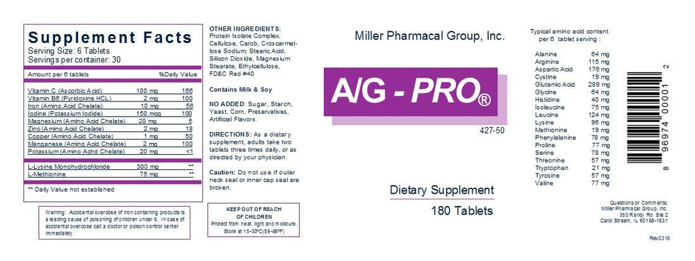 Miller Pharmacal A/G Pro tablets back view with label detailing daily use.