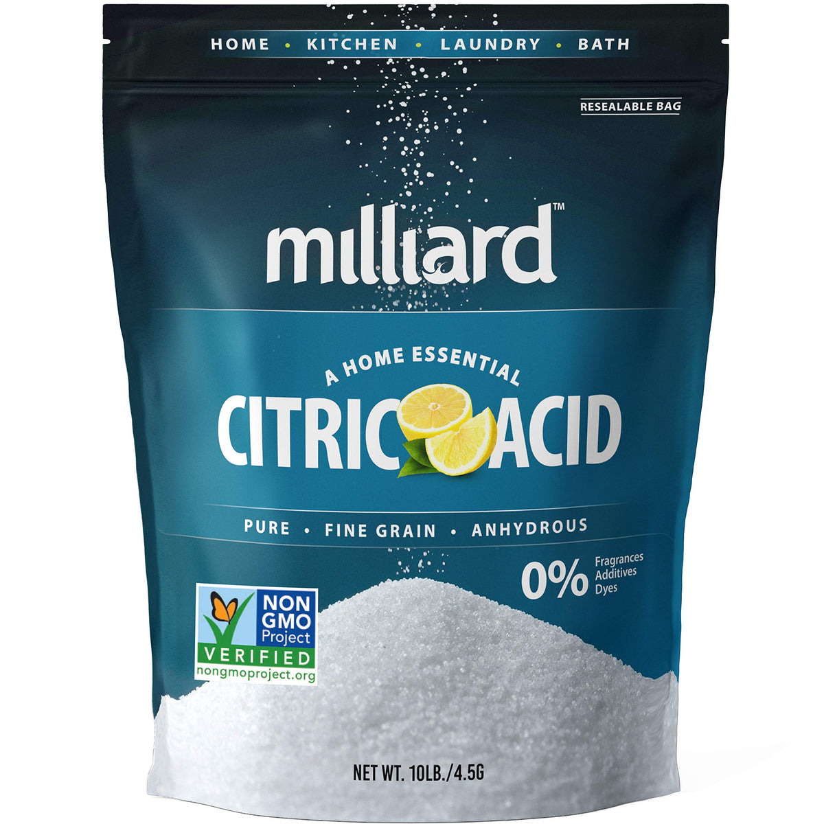 Milliard citric acid 10 lb bag for flavoring and preservation.